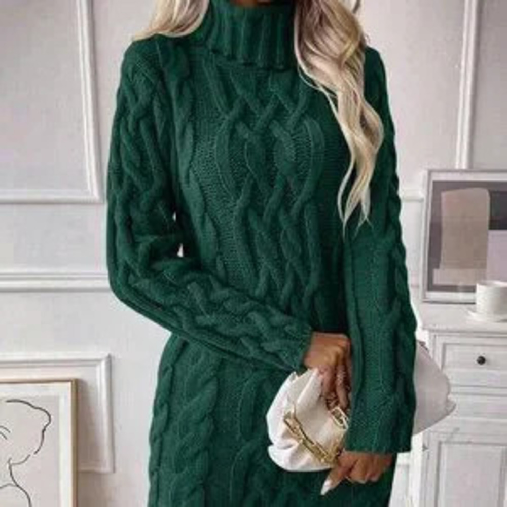 ZARA Dark Green Casual Women's Christmas Turtleneck Knit Dress